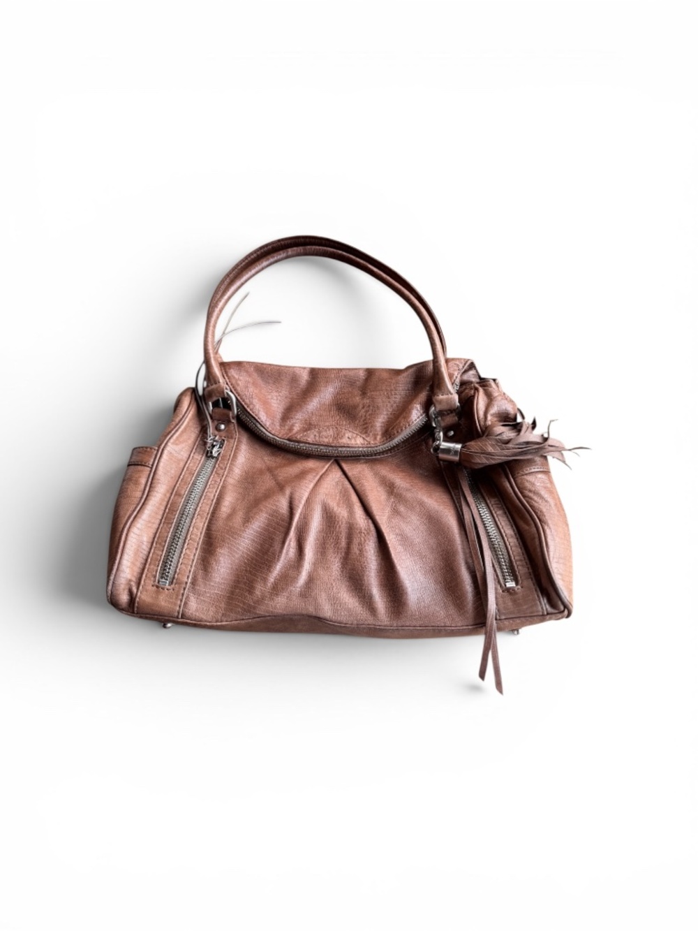 Botkier Cognac Leather Satchel Shoulder Bag Tassel Zip Pockets EUC